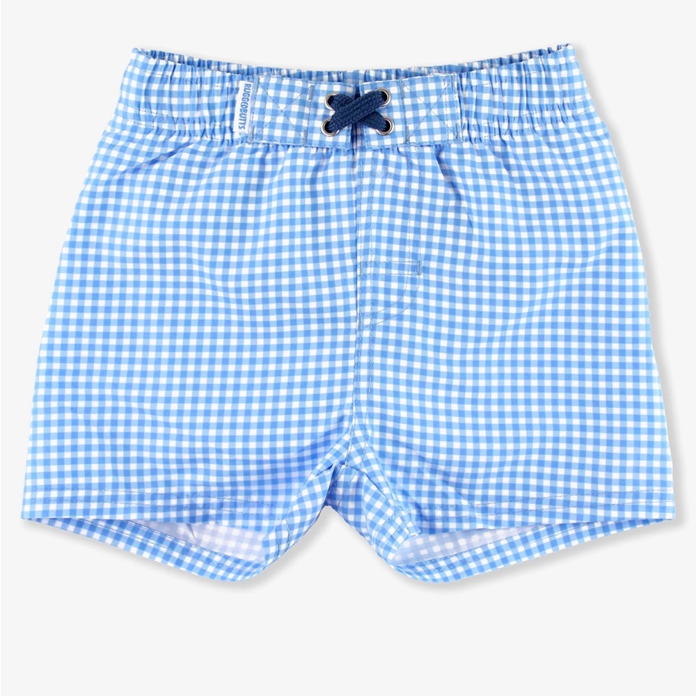 Ruggedbutts Gingham swim trunks in cornflower blue. Size 3t.